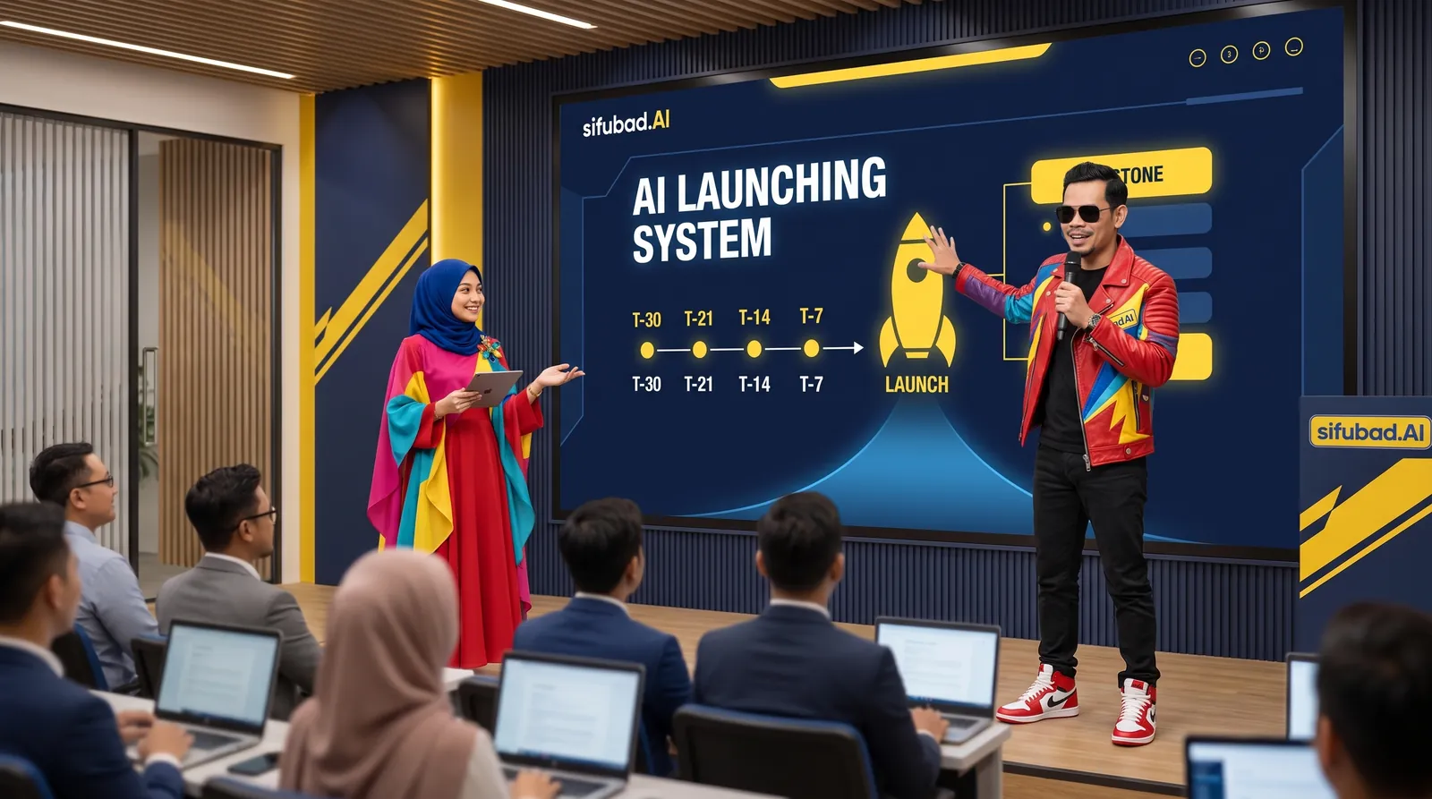 Sifu Jamal mengajar AI Launching System di skrin digital, dibantu Camelia