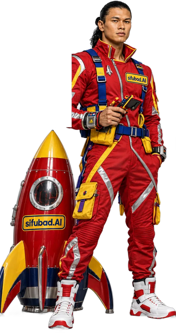 Alan Budi di sebelah roket sifubad.AI